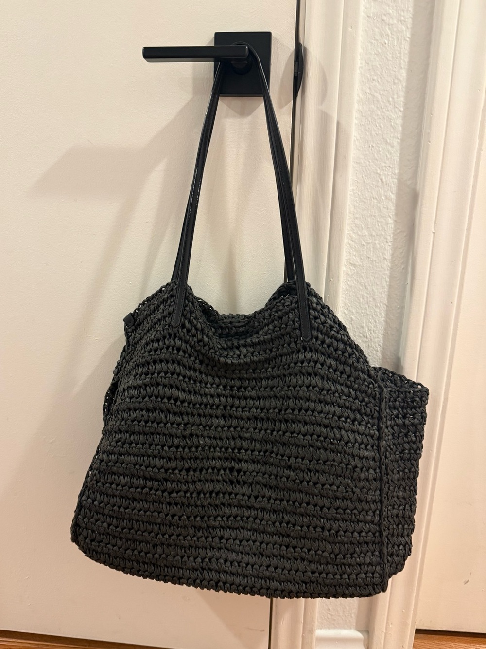 Banana Republic Black Woven Straw Cotton Beach Tote